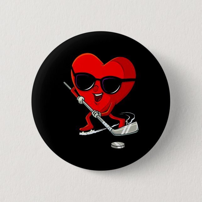 Heart Playing Ice Hockey Cute Valentines Day Sport Button (Front)