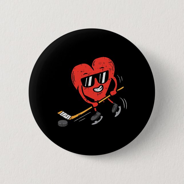 Heart Playing Ice Hockey Valentines Day Love Sport Button (Front)