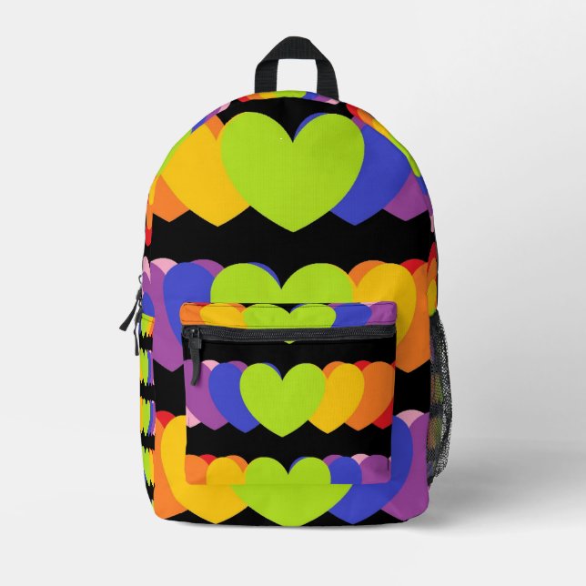 Heart Print Backpack With Rainbow Colored Hearts  (Front)