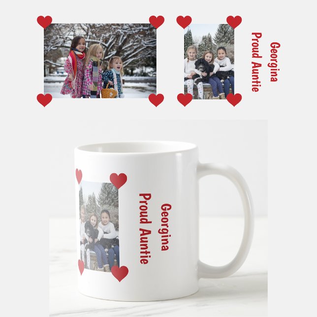 Heart Proud Auntie Love Personalize Photos Name Coffee Mug (Personalized name + 2 photos Proud Auntie mug. Hearts. Modern, cute Mother's Day / birthday gift)