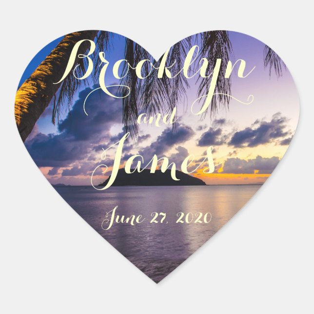 Heart Purple Beach Wedding Stickers (Front)