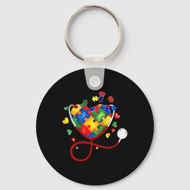 Heart Puzzle Stethoscope Er Rn Cna Nurse Autism Aw Keychain (Front)