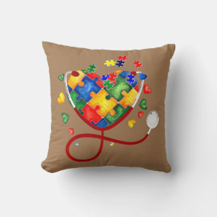 Heart Puzzle Stethoscope ER RN CNA Nurse Autism Throw Pillow