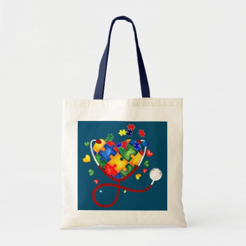 Heart Puzzle Stethoscope ER RN CNA Nurse Autism Tote Bag