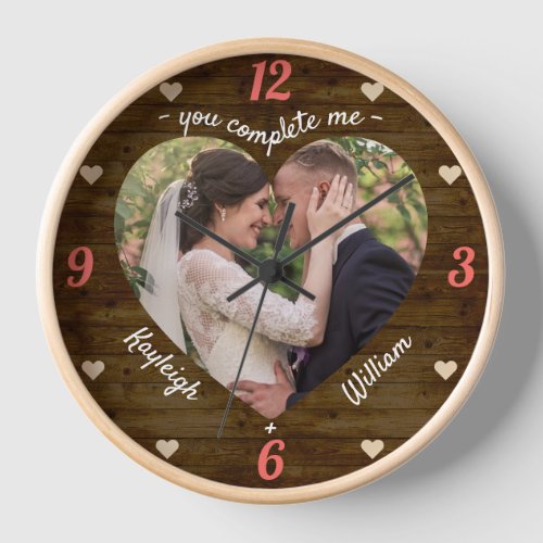 Heart Puzzle Wedding Photo Rustic You Complete Me Clock