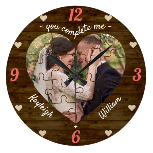 Heart Puzzle Wedding Photo Rustic You Complete Me Large Clock