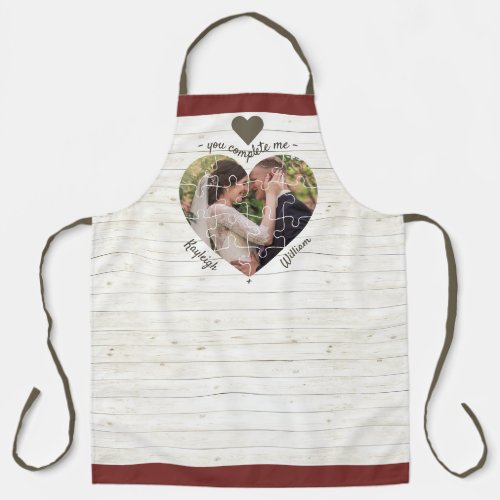 Heart Puzzle Wedding Photo You Complete Me Rustic Apron