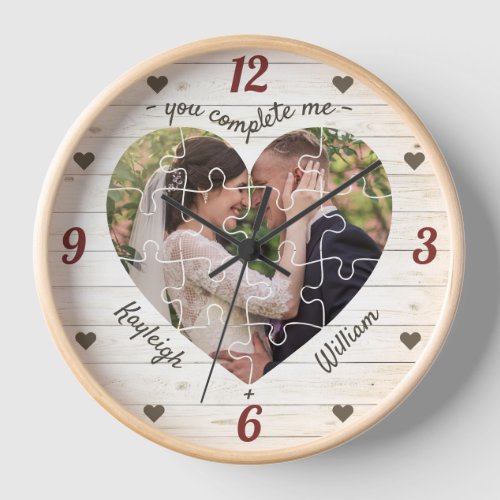 Heart Puzzle Wedding Photo You Complete Me Rustic Clock