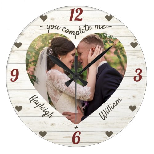 Heart Puzzle Wedding Photo You Complete Me Rustic Large Clock