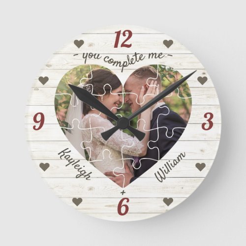 Heart Puzzle Wedding Photo You Complete Me Rustic Round Clock