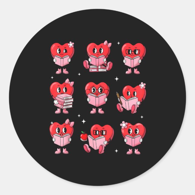 Heart Reading Books Valentine Teacher Boy Girl Boo Classic Round Sticker (Front)