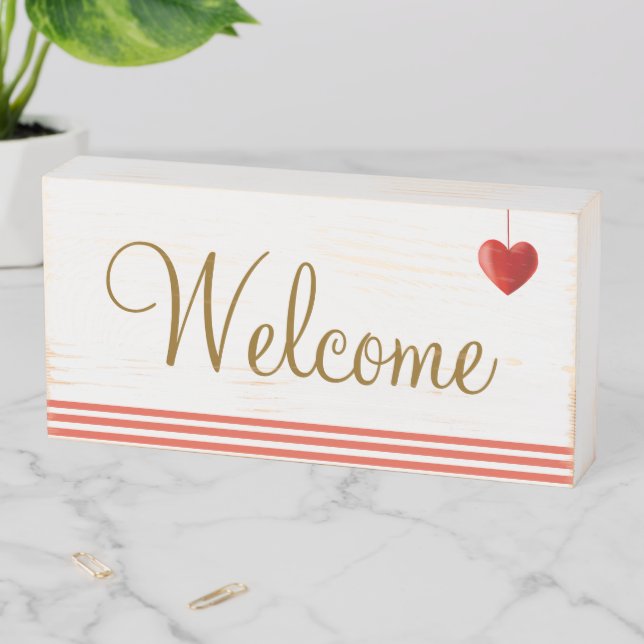 Heart & Red Stripes Welcome Wooden Box Sign (In Situ Horizontal)