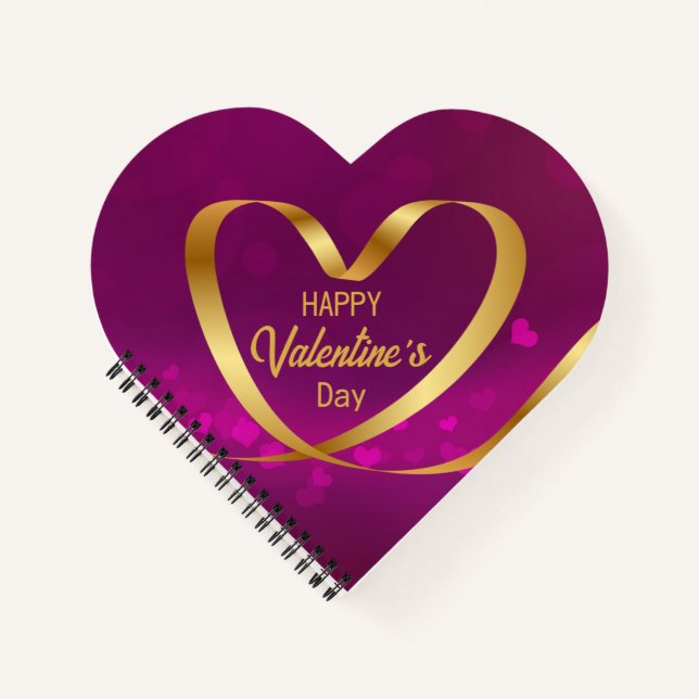 Heart Ribbon Gold Happy Valentine's Day Purple Notebook (Front)