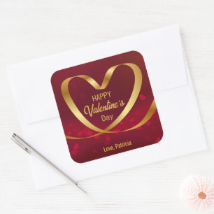 Heart Ribbon Gold Happy Valentine's Day Red Square Sticker