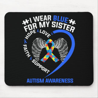Heart Ribbon I Wear Blue For My Sister Autism Awar Mouse Pad