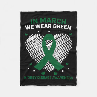 Heart Ribbon In March We Wear Green Kidney Disease Fleece Blanket