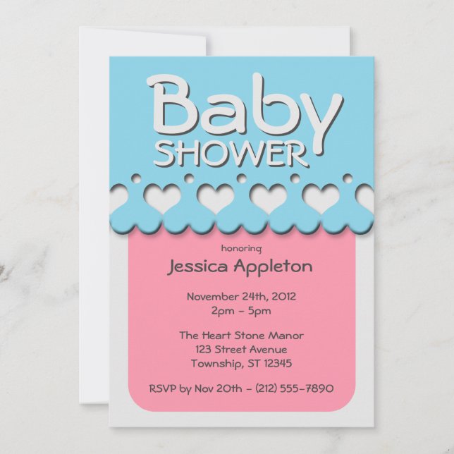 Heart Ribbon Pattern Pink & Blue Baby Shower Invitation (Front)
