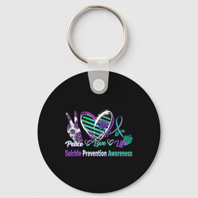 Heart Ribbon Rose Peace Love Mental Health Suicide Keychain (Front)