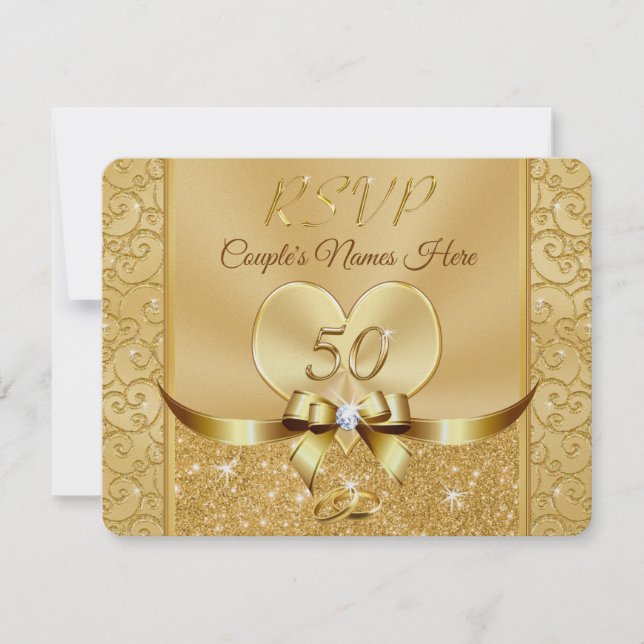 Heart, Rings 50th Wedding Anniversary RSVP Cards (Front)