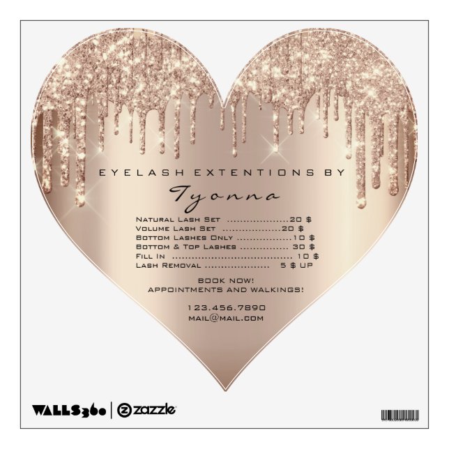 Heart Rose Gold Glitter Prices Name Heart Makeup Wall Decal (Front)