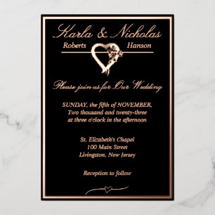 Heart & Roses, Black Wedding, Rose Gold Full Foil Invitation