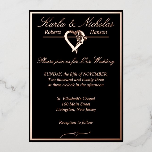 Heart & Roses, Black Wedding, Rose Gold Full Foil Invitation (Front)