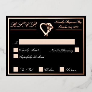 Heart & Roses, Black Wedding RSVP Rose Gold Foil Invitation Postcard