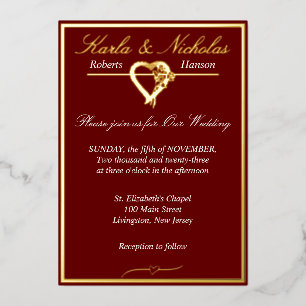 Heart & Roses, Burgundy Wedding Foil Invitation