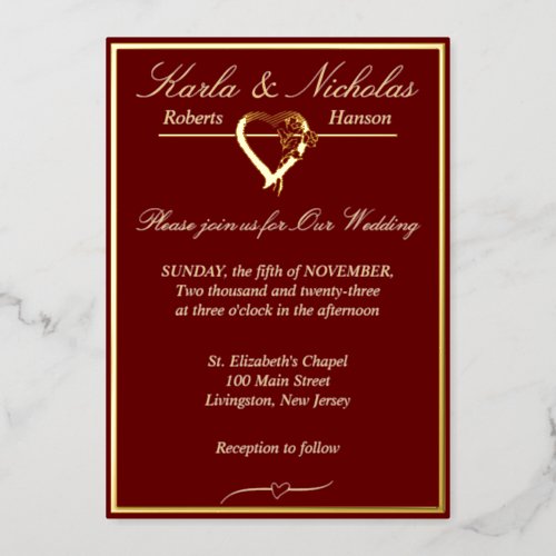 Heart  Roses Burgundy Wedding Gold Full Foil Invitation