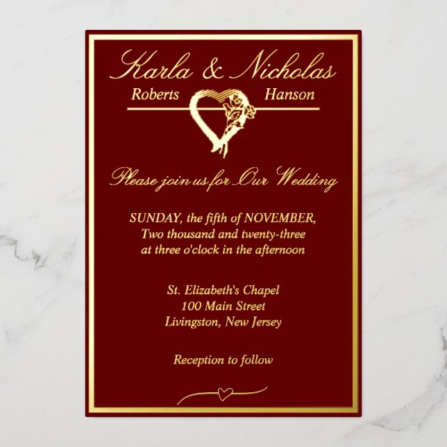 Heart & Roses, Burgundy Wedding Gold Full Foil Invitation (Front)