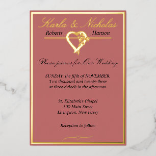 Heart & Roses, Cinnamon Rose Wedding Foil Invitation