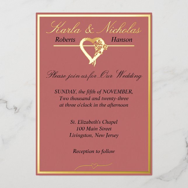 Heart & Roses, Cinnamon Rose Wedding Foil Invitation (Front)