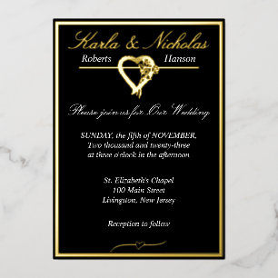 Heart & Roses, Elegant Black Wedding, Wide Border Foil Invitation