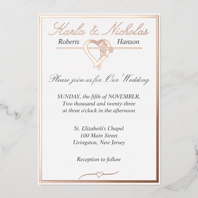 Heart & Roses, Elegant White Wedding,  Foil Invitation (Front)