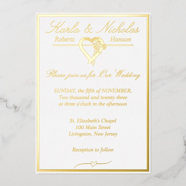 Heart & Roses, Elegant White Wedding, Gold Full Foil Invitation (Front)