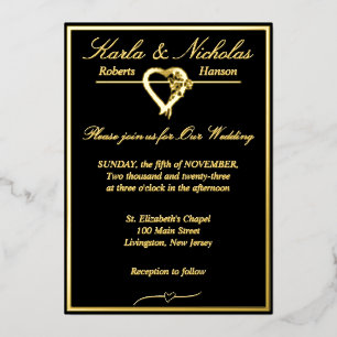 Heart & Roses, Formal Black Wedding, Gold Full Foil Invitation