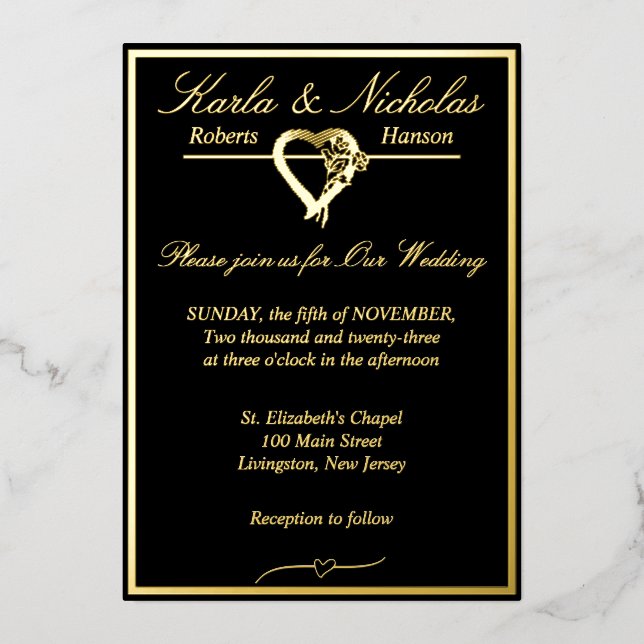Heart & Roses, Formal Black Wedding, Gold Full Foil Invitation (Front)