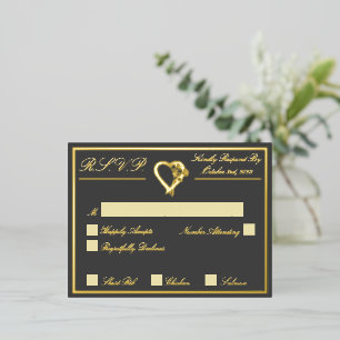 Heart & Roses, Gray Wedding RSVP Gold Foil Invitation Postcard