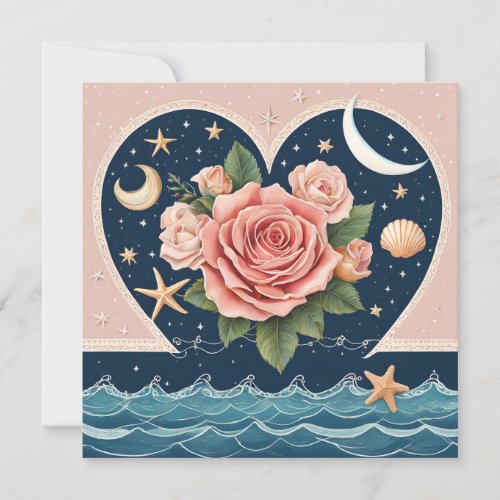 Heart Roses Moons Seashells Sea Magical Valentine Holiday Card