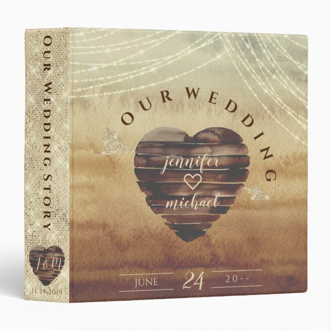 Heart Rustic Wood Wedding 3 Ring Binder (Front/Spine)