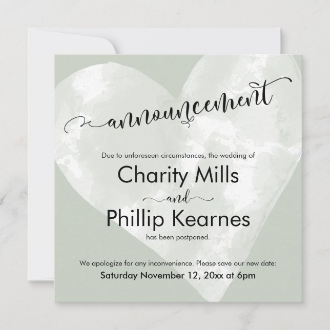 Heart Sage Green Postponed Wedding Announcement (Front)
