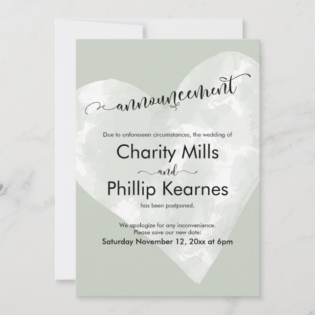 Heart Sage Green Postponed Wedding Announcement (Front)