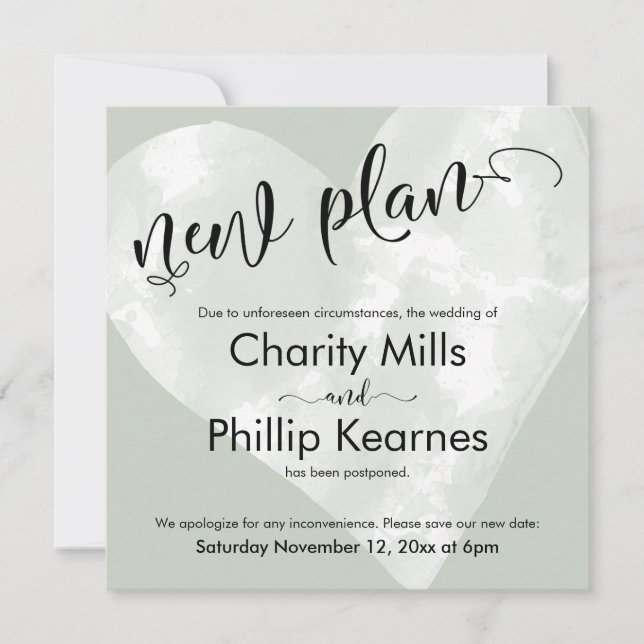 Heart Sage Green Postponed Wedding New Plan Card (Front)