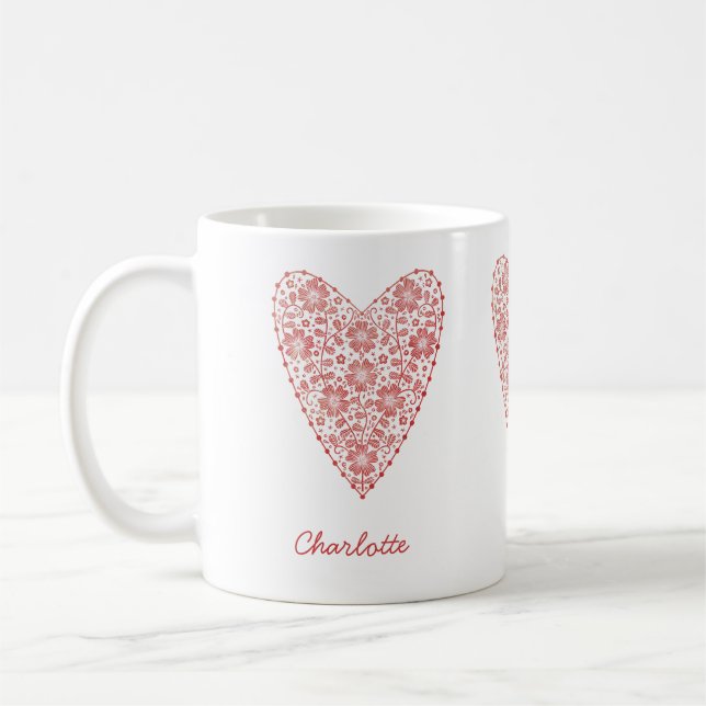 Heart Scandinavian Personalized Red White Coffee Mug (Left)