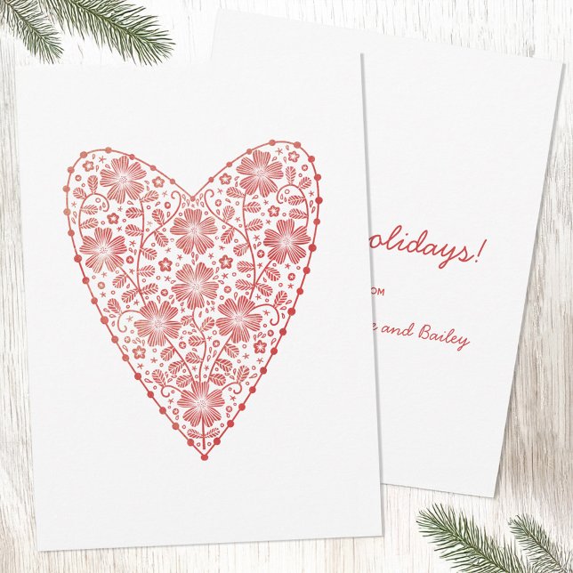 Heart Scandinavian Red White Winter Holiday Card (Scandinavian folk art heart red and white holiday card)