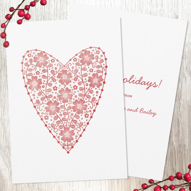 Heart Scandinavian Red White Winter Holiday Note Card (Scandinavian folk style red and white floral heart Christmas note cards with custom text and names)