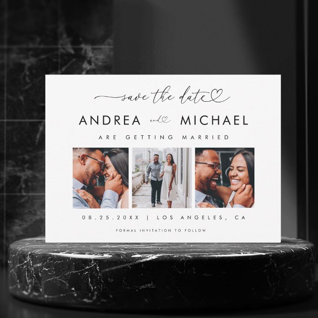 Heart Script & 3 Photo Collage Romantic Wedding Save The Date (Creator Uploaded)