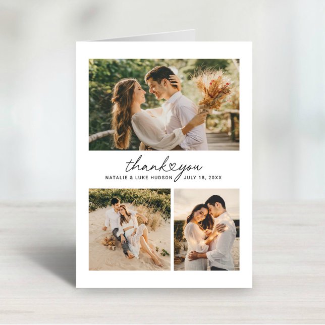 Heart Script 3 Photo Collage Wedding Letterpress Thank You Card (Creator Uploaded)