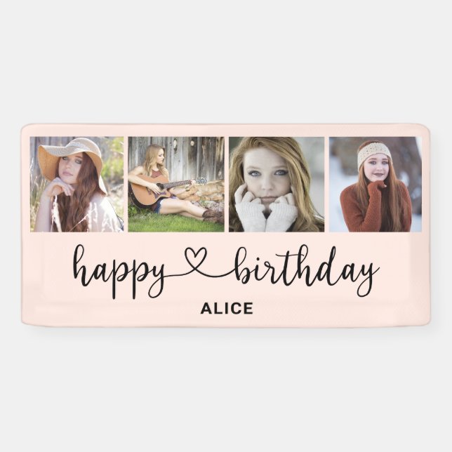 Heart Script 4 Photo Happy Birthday Banner