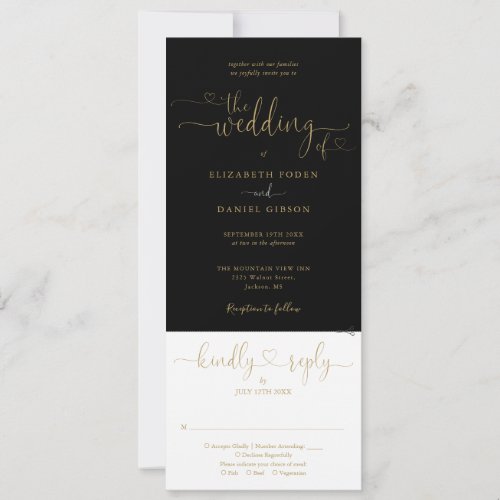 Heart Script Black And Gold All In One Wedding Invitation